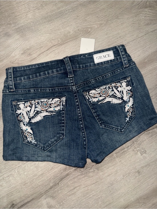 Grace Pants - GRACE Dark Blue Denim Shorts with White & Light Blue Embroidery